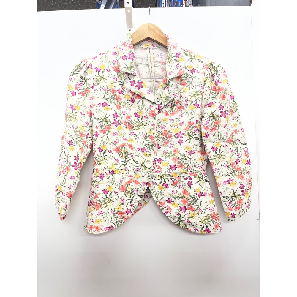 Floral Puff Sleeve Peplum Blazer Jacket Cream Pink Orange Botanical Tulip Hem